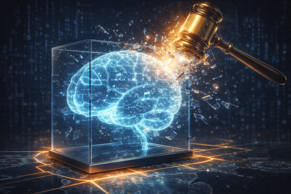 A conceptual 3D illustration of a glowing, transparent artificial intelligence brain inside a glass box that is being shattered by a golden judge's gavel. Inside the brain, you can see fragments of musical notes and text lyrics floating. The background is a dark, matrix-style digital void. High contrast, cinematic lighting.