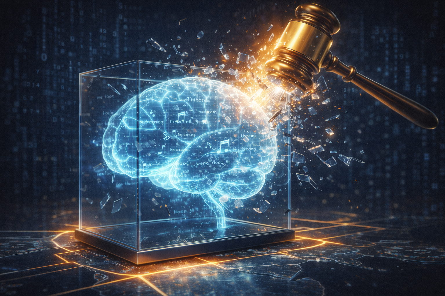 A conceptual 3D illustration of a glowing, transparent artificial intelligence brain inside a glass box that is being shattered by a golden judge's gavel. Inside the brain, you can see fragments of musical notes and text lyrics floating. The background is a dark, matrix-style digital void. High contrast, cinematic lighting.