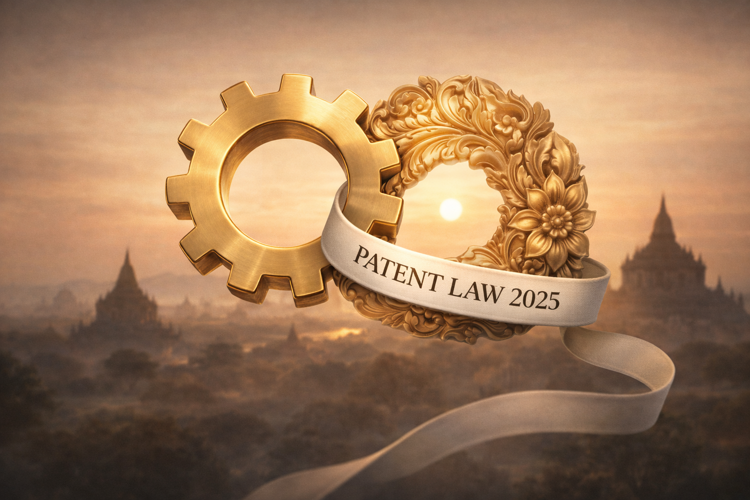 Conceptual editorial illustration of a polished golden gear, symbolizing modern industry and innovation, interlocking seamlessly with an intricate traditional Myanmar floral motif, representing heritage and legal tradition. The materials are rendered with refined texture and soft highlights, avoiding excess ornamentation. A flowing ceremonial ribbon wraps around the interlocked forms, carrying the clear, authoritative text “PATENT LAW 2025” in elegant, legible typography. In the background, a serene sunrise over the pagodas of Bagan, softly silhouetted and bathed in warm dawn light, symbolizes a new beginning for innovation and legal reform. The sky transitions gently from deep amber to pale gold, adding depth without overpowering the central elements. Respectful cultural tone; balanced color palette (gold, warm earth tones, soft sunrise hues); harmonious blend of tradition and progress; high resolution; premium editorial illustration style suitable for patent reform, innovation policy, and Southeast Asian legal analysis.