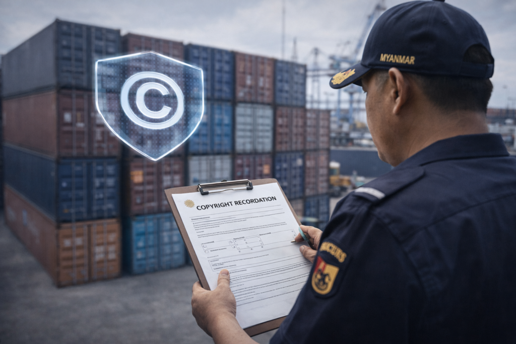Ultra-realistic documentary-style photograph of stacked shipping containers at Yangon Port, arranged in clean industrial rows under natural daylight. A subtle digital overlay of a transparent shield icon is superimposed over the containers, symbolizing copyright protection and border enforcement without overpowering the scene. In the foreground, a Myanmar customs officer in official attire is holding a clipboard with a clearly visible form titled “COPYRIGHT RECORDATION”, reinforcing formal legal procedure and compliance. The officer’s posture is professional and focused, suggesting active inspection and enforcement. Background elements include cranes, port infrastructure, and logistics equipment, softly blurred to maintain depth and realism. Serious operational tone; neutral industrial color palette with restrained blue highlights from the digital shield; shallow depth of field; high resolution; photojournalistic editorial style suitable for IP recordation, customs enforcement, and anti-counterfeiting policy coverage.
